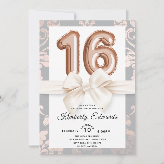 Invitation Sweet 16 Ballons Roses en or de luxe (Devant)