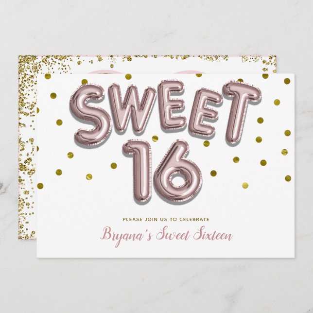 Invitation Sweet 16 Balloon Rose Gold Anniversaire Fête PHOTO (Devant / Derrière)