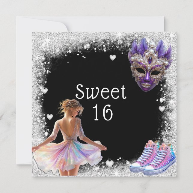 Invitation Sweet 16 Basket Parties scintillant Argent Mardi G (Devant)