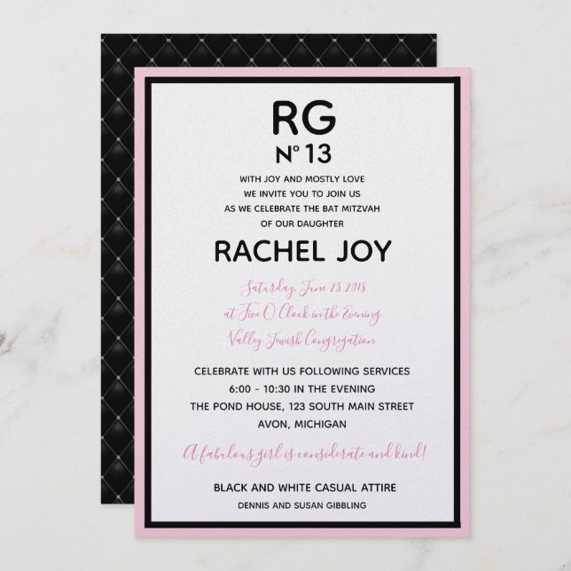 Invitation Sweet 16 Bat mitzvah Anniversaire Couture Theme Pa (Devant / Derrière)