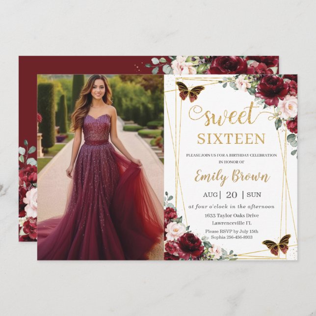 Invitation Sweet 16 Birthday Burgundy Blush Floral Butterfly  (Devant / Derrière)
