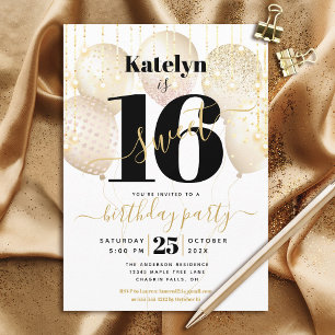 Invitation Sweet 16 Birthday Girly Glam Gold Balloons Script