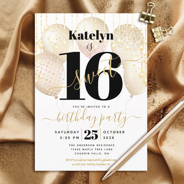 Invitation Sweet 16 Birthday Girly Glam Gold Balloons Script (Créateur téléchargé)