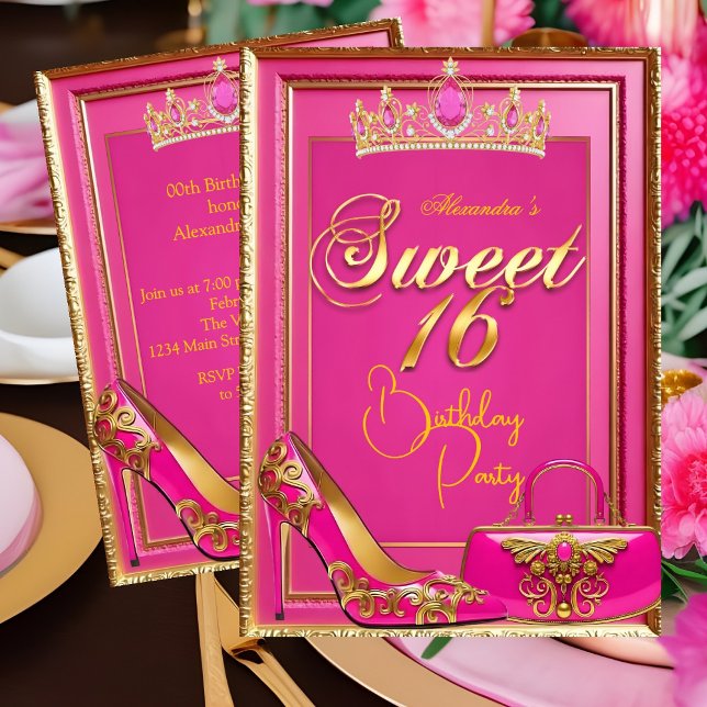 Invitation Sweet 16 Birthday Hot Pink Tiara Heel Gold Handbag (Créateur téléchargé)
