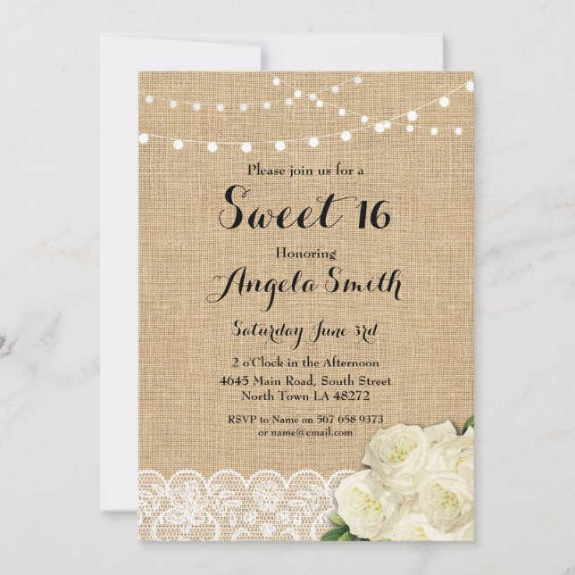 Invitation Sweet 16 Birthday Party Burlap Dentelle Rose Invit (Devant)