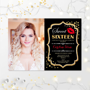 Invitation Sweet 16 Birthday Red Kiss Gold Black Photo