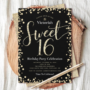 Invitation Sweet 16 Black Gold Glitter Script Anniversaire Ch