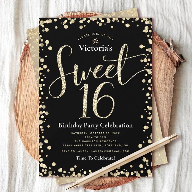 Invitation Sweet 16 Black Gold Parties scintillant Script Ann (Créateur téléchargé)