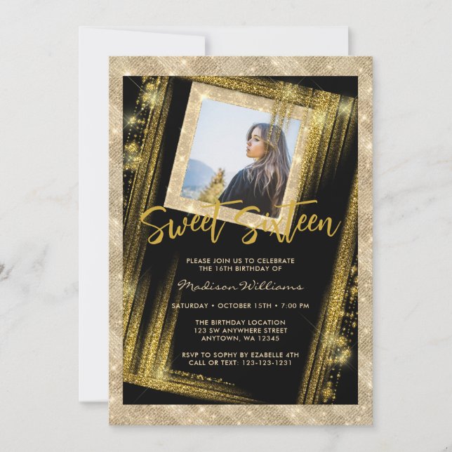 Invitation Sweet 16 Black Gold Sparkle Parties scintillant ph (Devant)