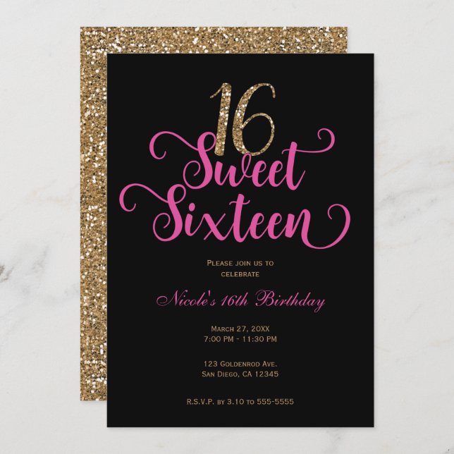 Invitation Sweet 16 Black Hot rose Parties scintillant or Ann (Devant / Derrière)