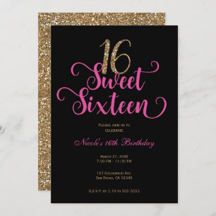 Invitation Sweet 16 Black Hot rose Parties scintillant or Ann