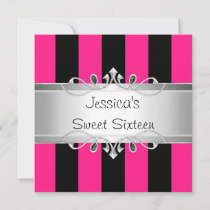 Invitation Sweet 16 Black Stripes Silver Jewel Party