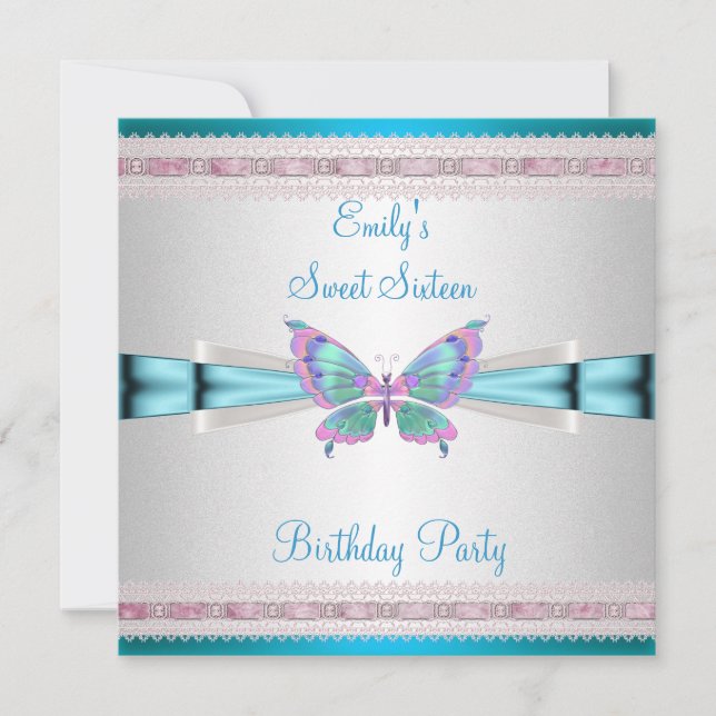 Invitation Sweet 16 Blanc Bleu Turquoise Rose Papillon Annive (Devant)