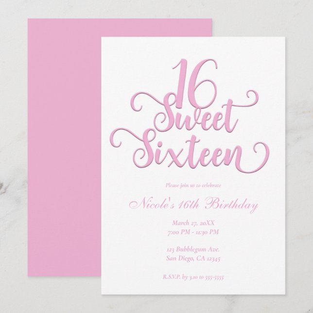 Invitation Sweet 16 Blanc & Bubblegum Rose Type Anniversaire (Devant / Derrière)