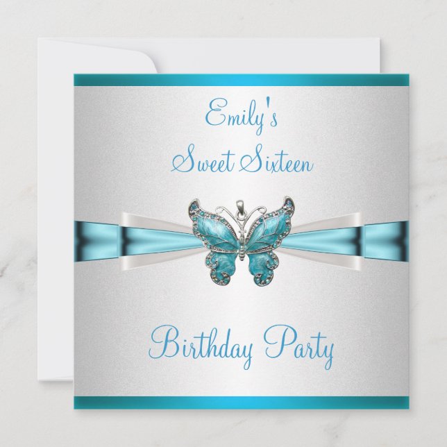 Invitation Sweet 16 Blanc Turquoise Bleu Papillon Anniversair (Devant)