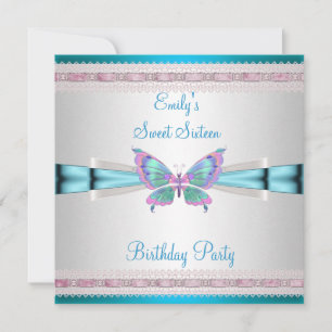 Invitation Sweet 16 Blanc Turquoise bleu rose papillon Annive
