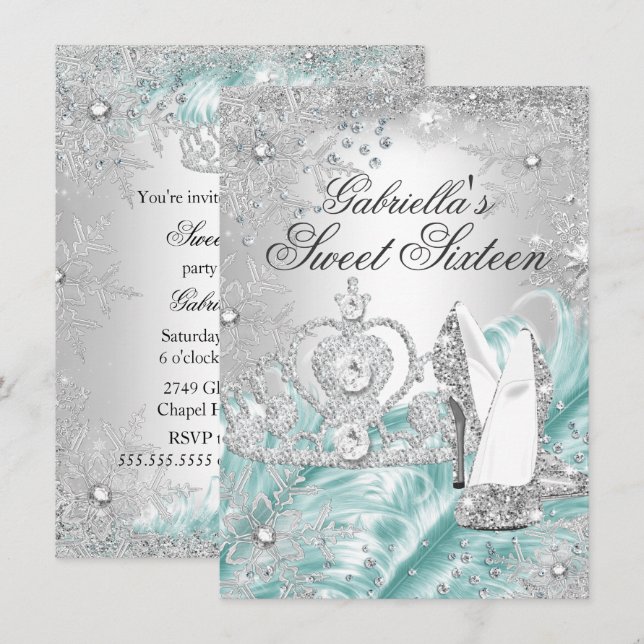 Invitation Sweet 16 Bleu Pailleté Flocon de Neige  (Devant / Derrière)