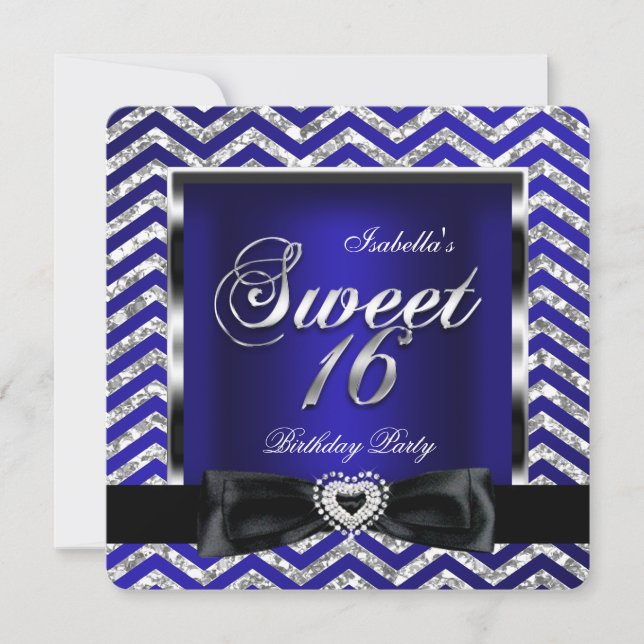 Invitation Sweet 16 Bleu Royal Chevron Rayure Argent Noir (Devant)