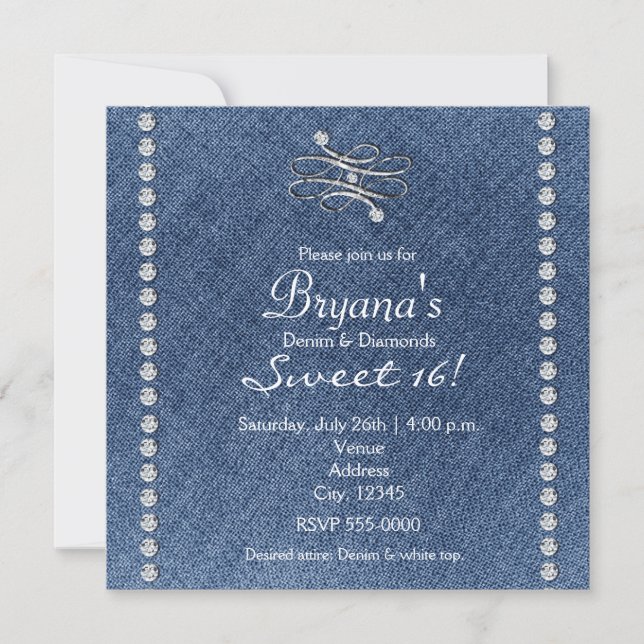 Invitation Sweet 16 Bling Emblème Diamants Denim (Devant)