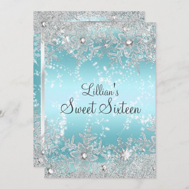 Invitation Sweet 16 Blue Diamond Snowflake Winter Wonderland (Devant / Derrière)