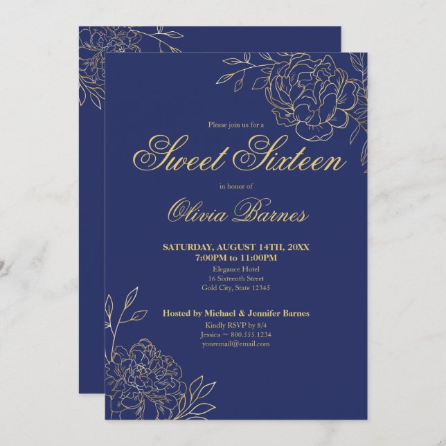 Invitation Sweet 16 Blue et Gold Line Fleurs d'art Floral (Devant / Derrière)