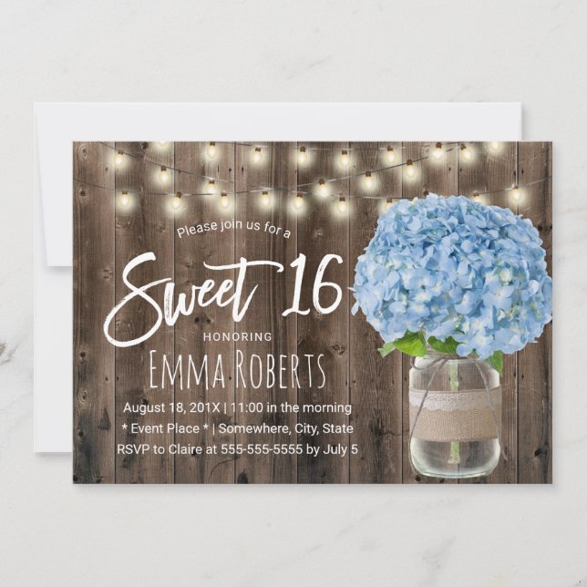 Invitation Sweet 16 Blue Hydrangea Floral Jar Bois rustique (Devant)