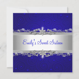 Invitation Sweet 16 Blue Silver Floral Amour fête d'anniversa