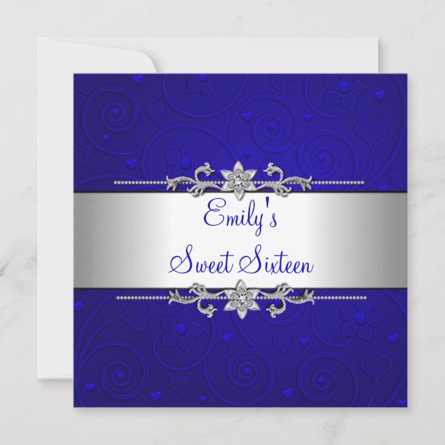 Invitation Sweet 16 Blue Silver Floral Amour fête d'anniversa (Devant)