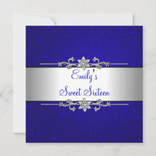 Invitation Sweet 16 Blue Silver Floral Amour fête d'anniversa