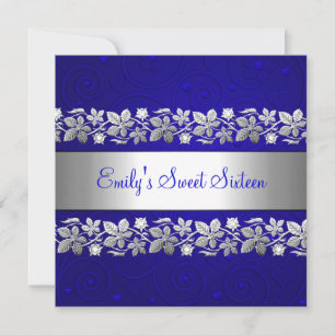 Invitation Sweet 16 Blue Silver Floral Amour fête d'anniversa