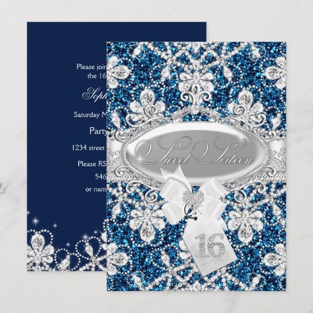 Invitation Sweet 16 Blue Sparkle Diamond & Paillet (Devant / Derrière)