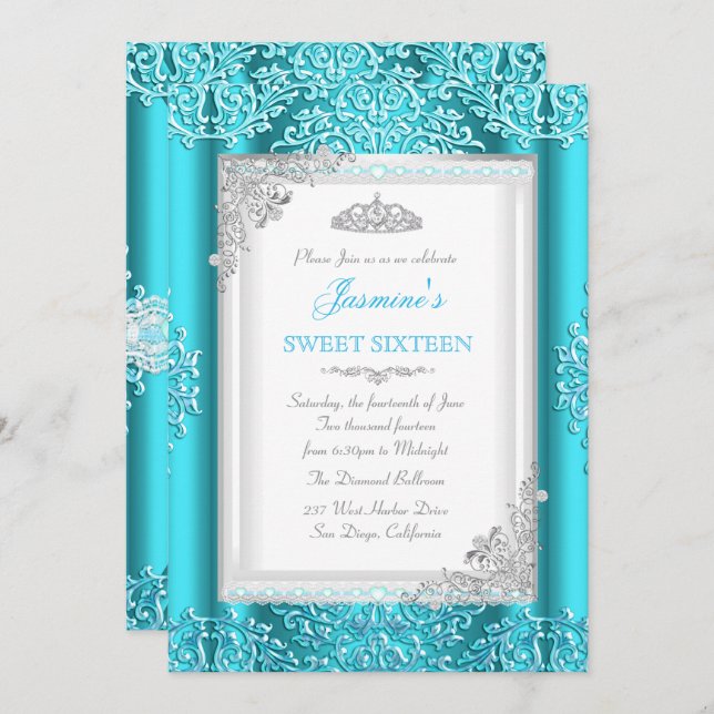 Invitation Sweet 16 Blue Turquoise dentelle argentée Damask T (Devant / Derrière)