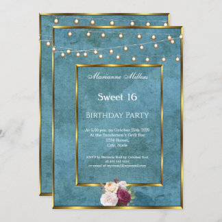 Invitation Sweet 16 Blue Turquoise Gold Fairy Lights Roses