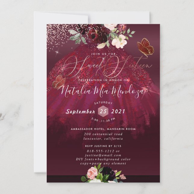 Invitation Sweet 16 Blush Bourgogne Aquarelle Fleurs Invitat (Dos)