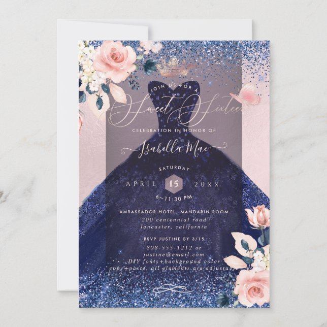Invitation Sweet 16 Blush Floral Navy Blue Parties scintillan (Dos)
