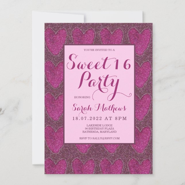 Invitation Sweet 16 Blush rose et parties scintillant Magenta (Devant)