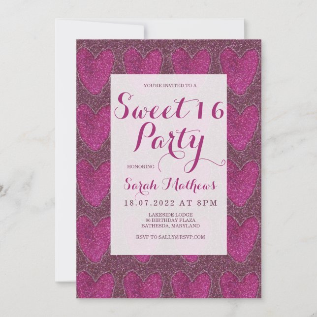 Invitation Sweet 16 Blush rose et parties scintillant magenta (Devant)