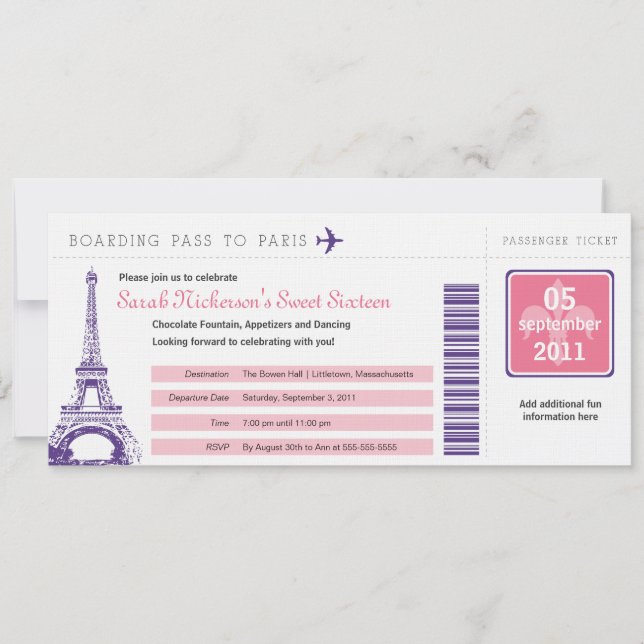 Invitation Sweet 16 Boarding Pass à Paris (Devant)