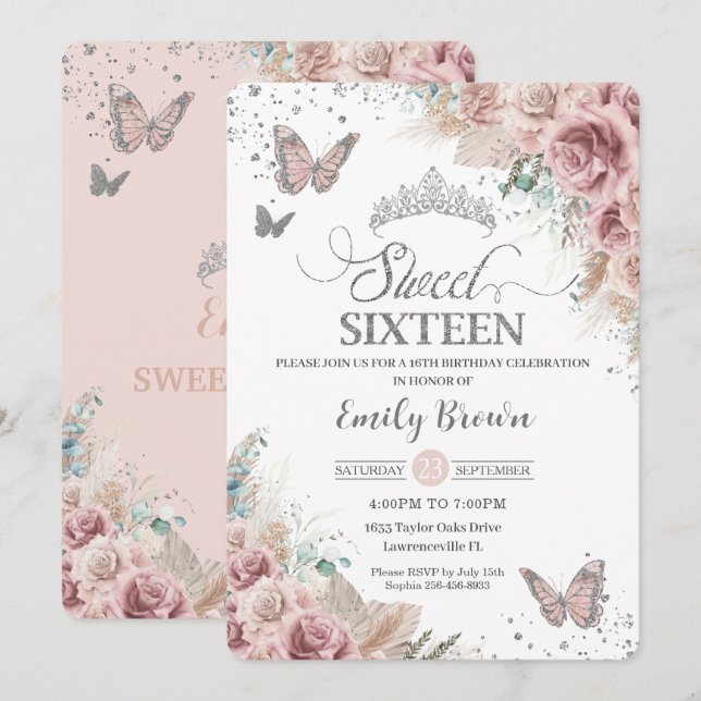 Invitation Sweet 16 Boho Blush Dusty Rose Floral Pampas Grass (Devant / Derrière)