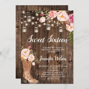 Invitation Sweet 16 Boho Rustique Lumières à cordes florales