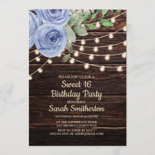 Invitation Sweet 16 Bois Rustique Chaîne Lumières Floral Bleu