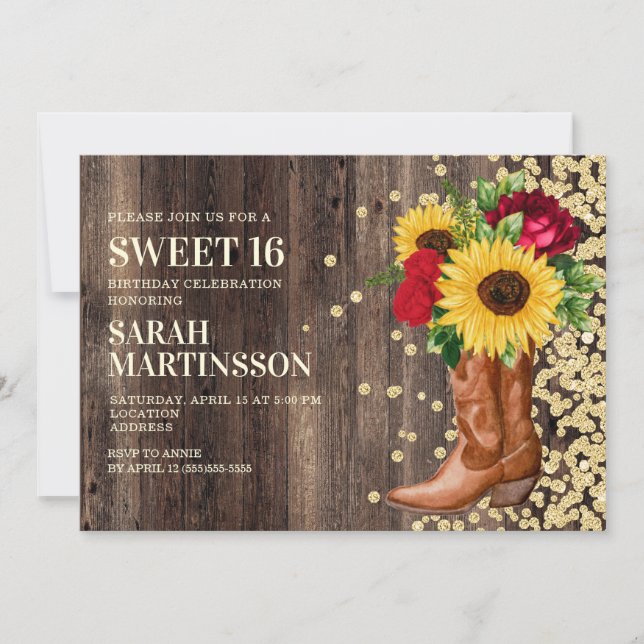 Invitation Sweet 16 Bottes en bois rustique Tournesols Roses  (Devant)