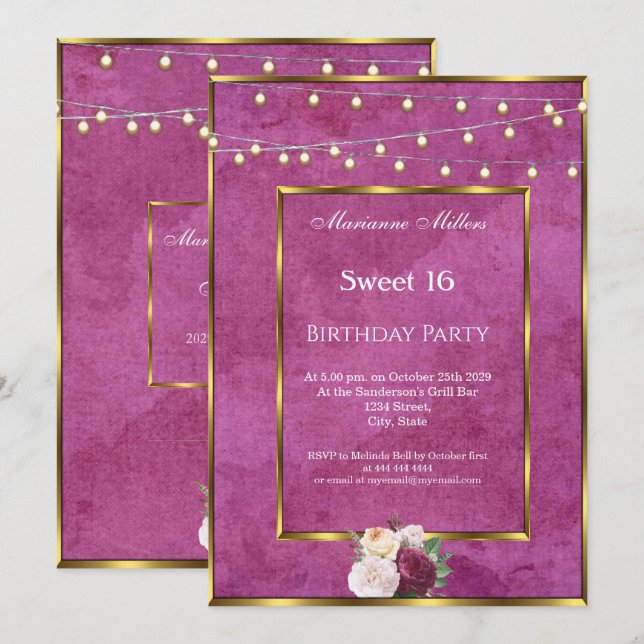 Invitation Sweet 16 Bourgogne Gold Fairy Lights Rose (Devant / Derrière)