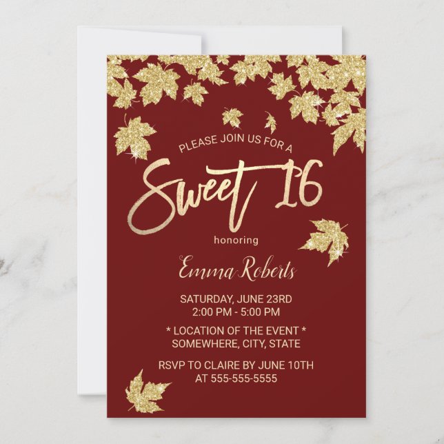 Invitation Sweet 16 Bourgogne Rouge Feuille d'or moderne (Devant)
