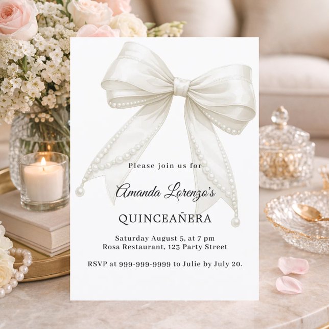 Invitation Sweet 16 bow ivory white pearls elegant (Créateur téléchargé)