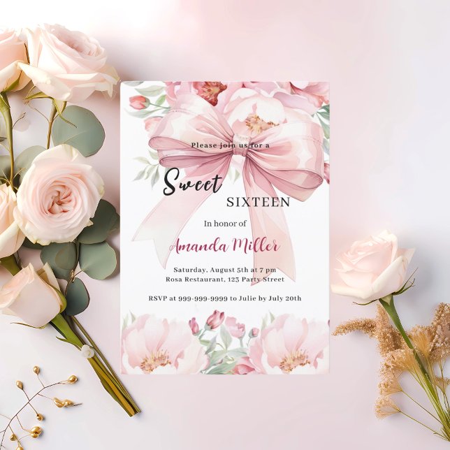 Invitation Sweet 16 bow pink watercolor florals (Créateur téléchargé)