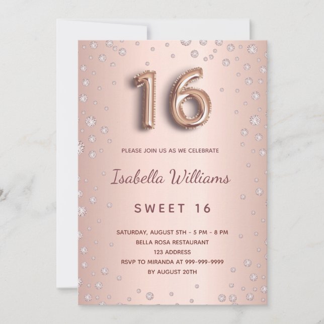 Invitation Sweet 16 brush rose or diamants script (Devant)