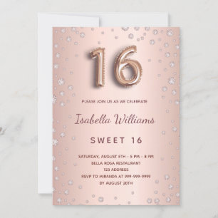 Invitation Sweet 16 brush rose or diamants script