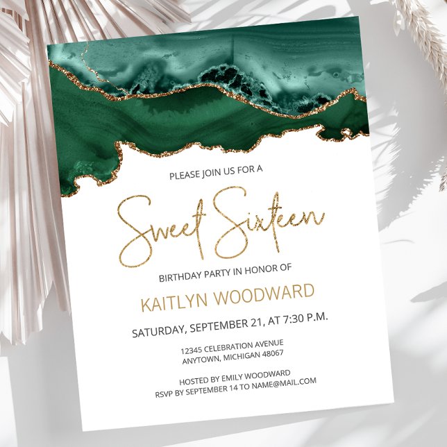 Invitation Sweet 16 Budget Émeraude Verte Agate Or (Créateur téléchargé)