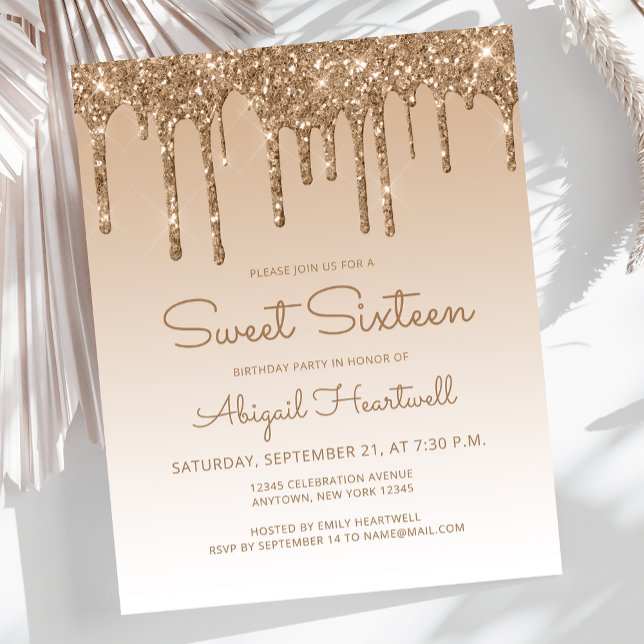 Invitation Sweet 16 Budget Glitter Drip Or (Créateur téléchargé)